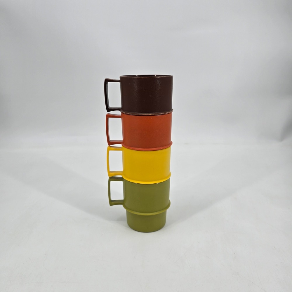 Vintage Tupperware Stackable Mugs Set of 4 1970s Harvest Colors MCM Camping Cups